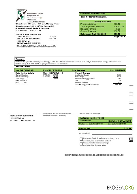 Modèle de facture de services publics d'entreprise avec preuve d'adresse d'électricité aux États Unis et au Nouveau Mexique aux formats Word et PDF